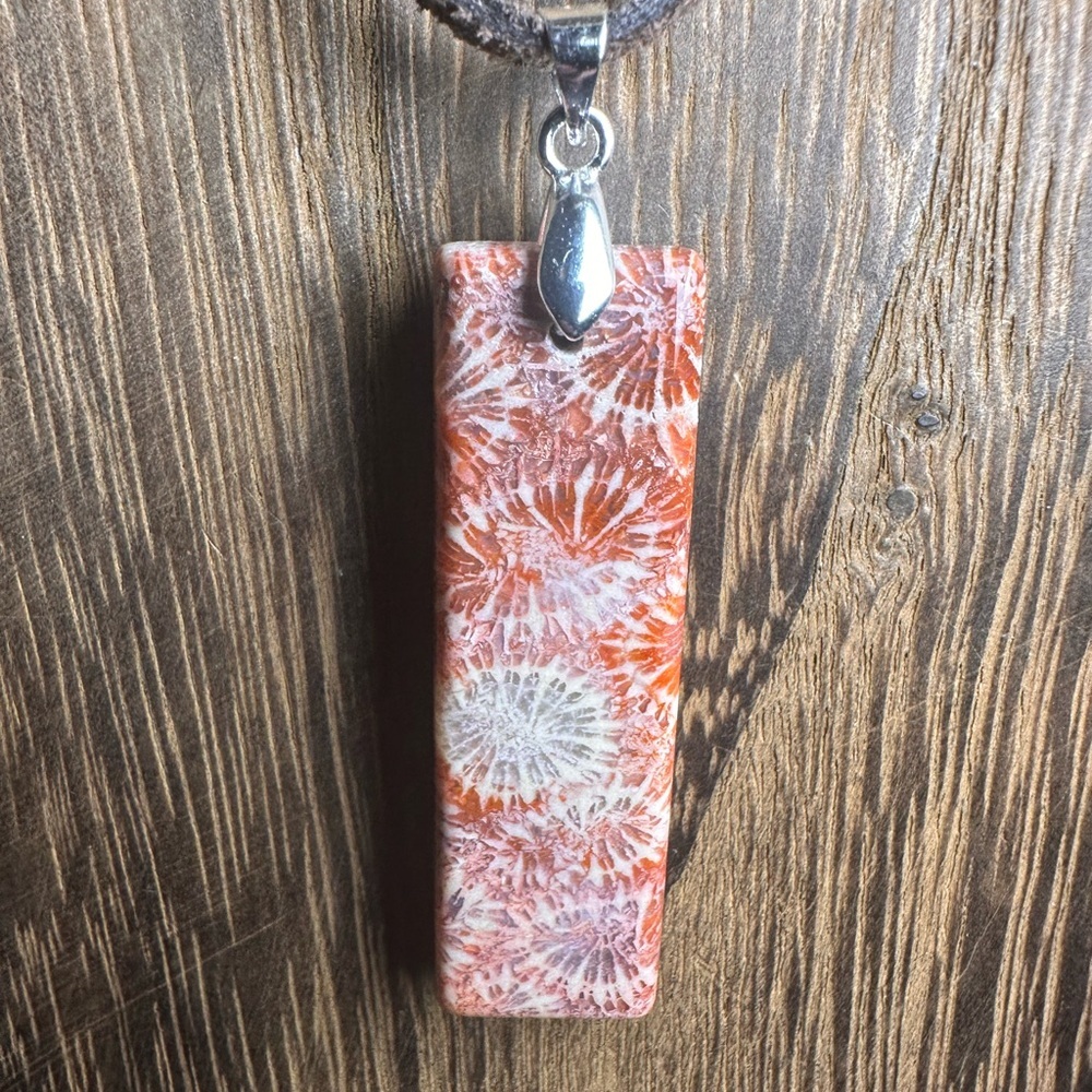 Dark Orange Coral Fossil Thin Rectangle Pendant Necklace on Brown Suede - Picture 6 of 13